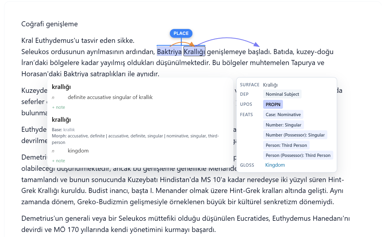 Turkish sentence with dependency arcs, POS shading, NER chip, dictionary popup, and grammar popup