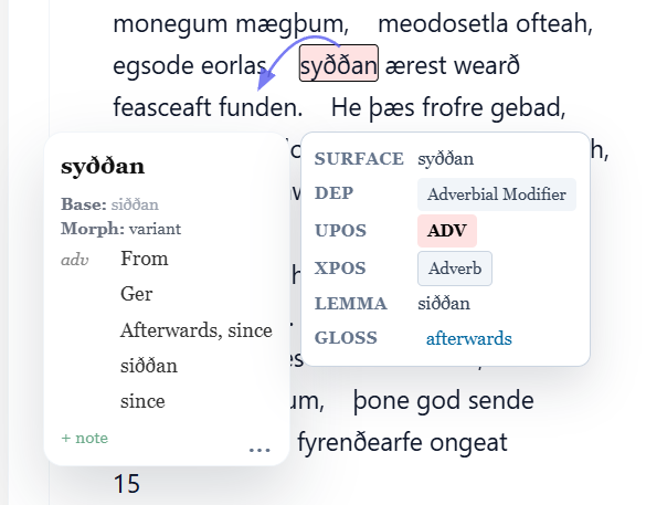 Old English dictionary entry popup